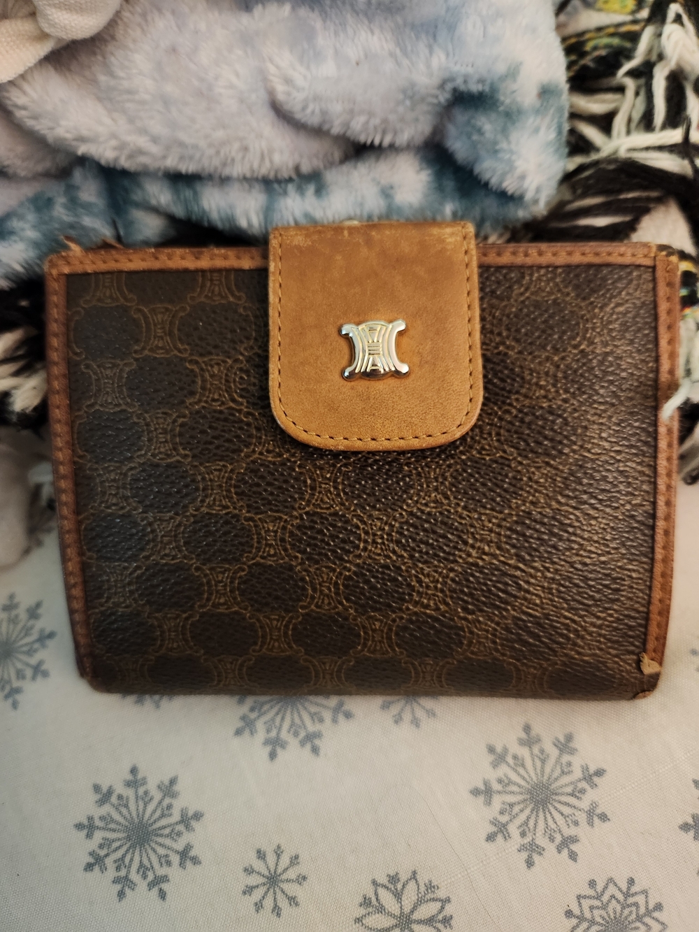 Celine Brown Monogram Suede-Trim Compact Wallet